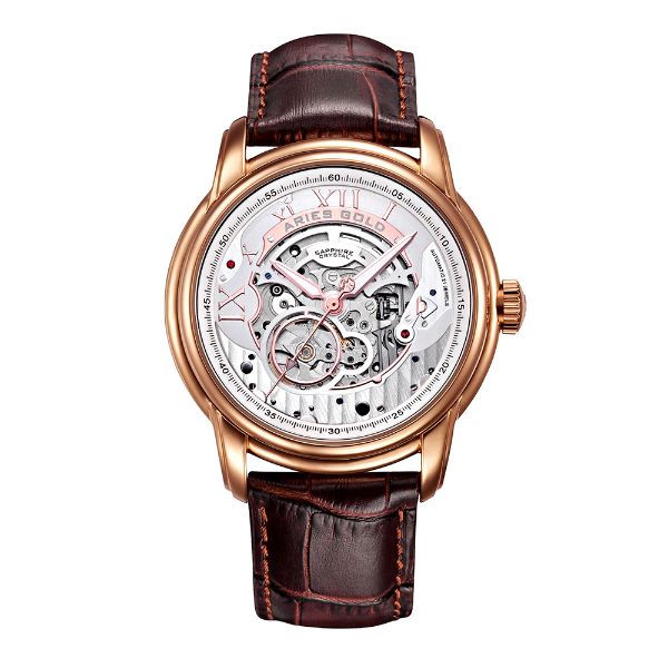 ARIES GOLD AUTOMATIC INFINUM EL TORO ROSE GOLD STAINLESS STEEL G 9005 RG-S BROWN LEATHER STRAP MEN'S WATCH